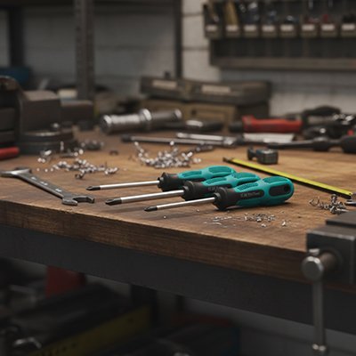 Tournevis cruciforme ergonomique posé sur un établi de menuisier