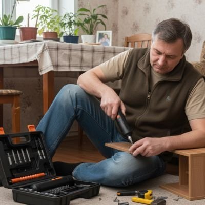 Bricoleur utilisant le tournevis électrique pour assembler un meuble avec précision