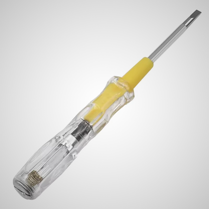 Tournevis testeur unitaire vue de profil, manche jaune et corps transparent