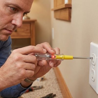 Utilisation d'un tournevis testeur sur une prise murale pour détecter la tension