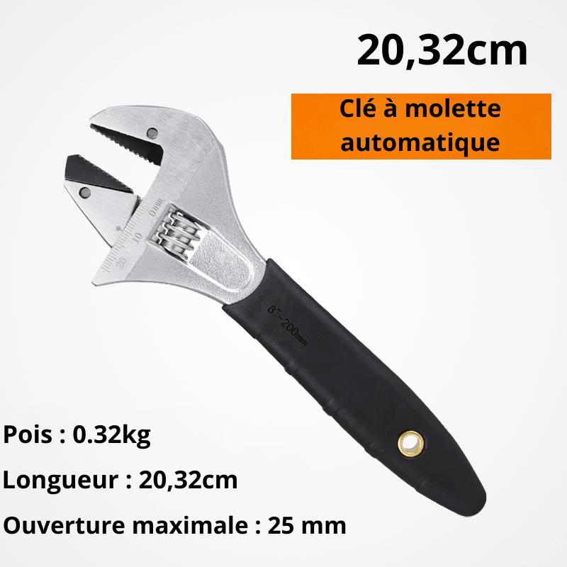 Clé à molette automatique 20,32cm – poids 0,32kg, ouverture maximale 25mm