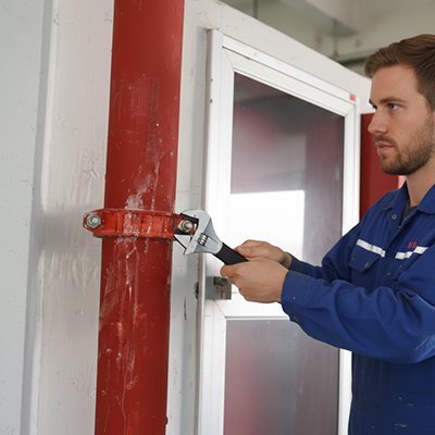 Technicien utilisant une clé à molette professionnelle sur tuyauterie industrielle rouge