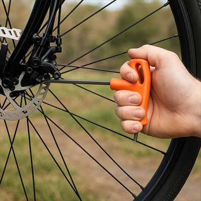 Utilisation d'une clé allen en T orange pour régler le frein à disque d'un vélo