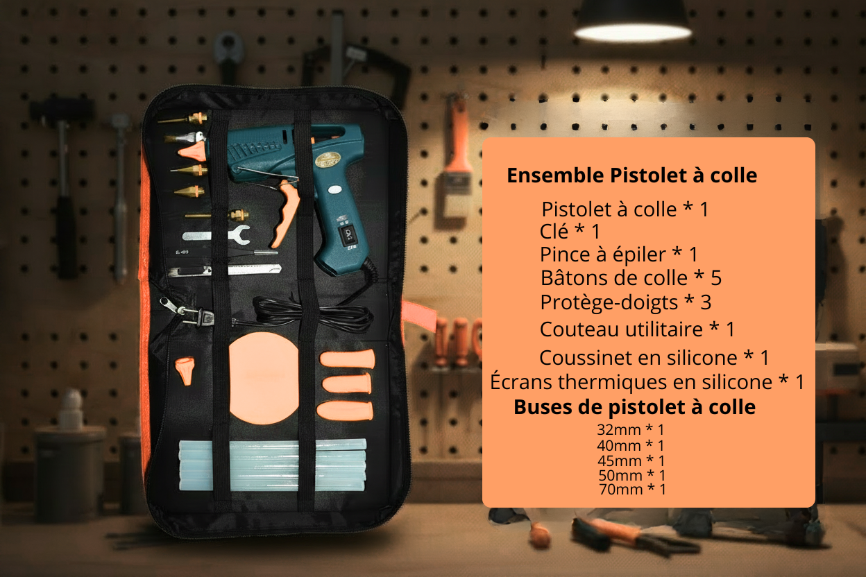 Ensemble pistolet à colle thermofusible avec accessoires : buses, protège-doigts, bâtons de colle et trousse de rangement