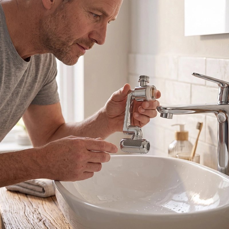 Homme présentant un embout robinet près du lavabo