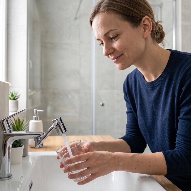 Embout robinet installé sur un lavabo de salle de bain