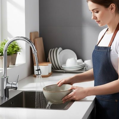 Embout robinet cuisine installé sur un évier moderne