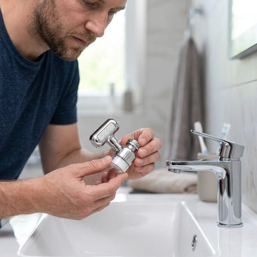 Homme tenant un embout robinet près du lavabo