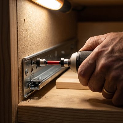 Embout visseuse magnétique utilisé pour fixer une charnière en bois