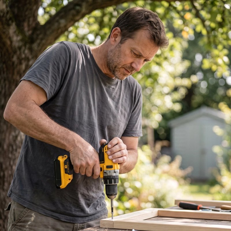Embout visseuse utilisé par un bricoleur sur du bois