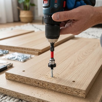 Embout visseuse magnétique utilisé sur un panneau en bois