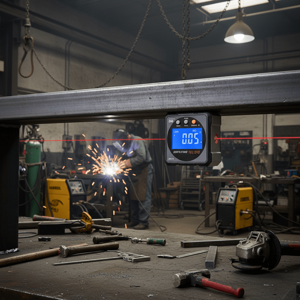 Inclinomètre laser magnétique installé sur un frame en acier dans un atelier de soudure