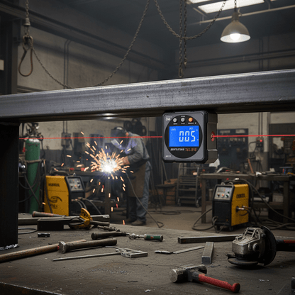 Inclinomètre laser magnétique installé sur un frame en acier dans un atelier de soudure
