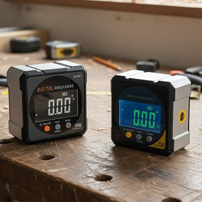 Inclinomètre numérique avec écran LCD  affichant 0.05° fixé sur une planche de bois en atelier
