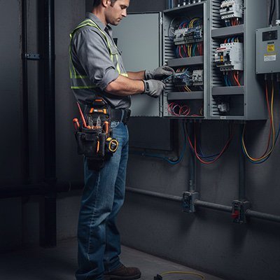 Électricien intervenant sur un tableau de distribution avec porte-outils ceinture
