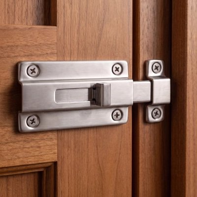 Loquet de porte en acier inoxydable installé sur porte bois