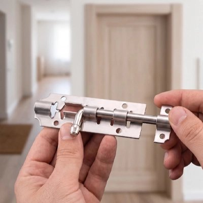 Deux mains tenant un loquet en acier inoxydable devant un couloir avec une porte blanche