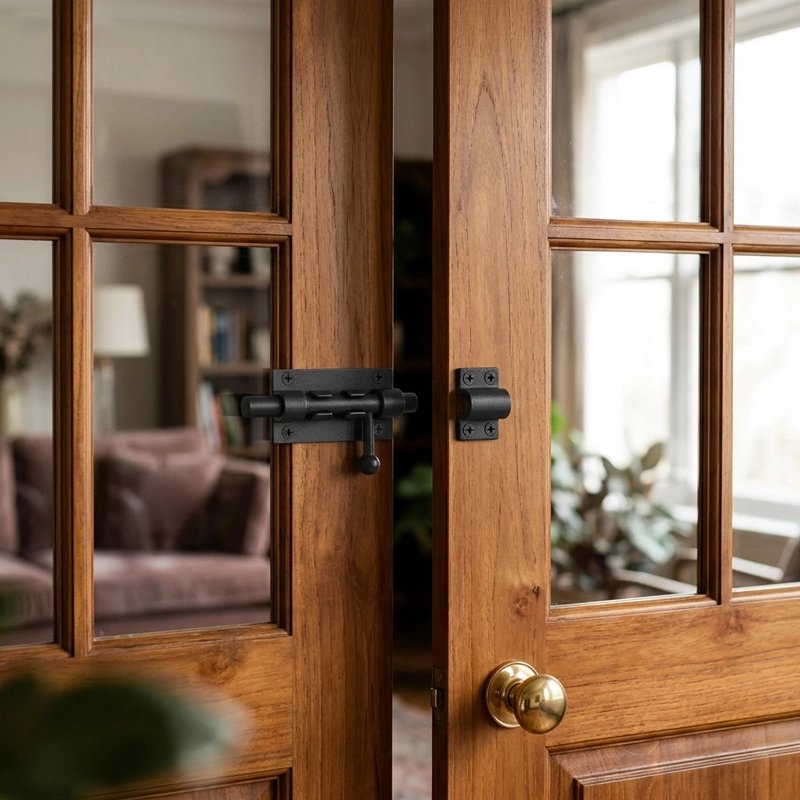 Loquet porte noir installé sur une porte-fenêtre en bois