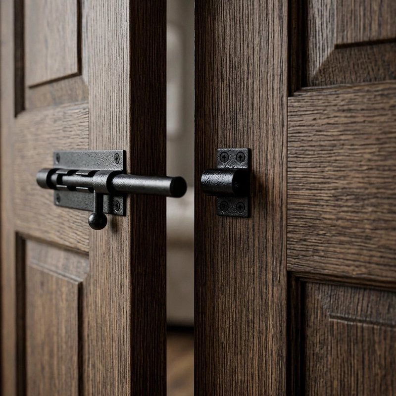 Loquet porte noir installé sur une porte double en bois