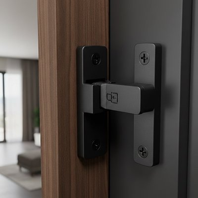Loquet pour porte en noir installé sur porte en bois foncé
