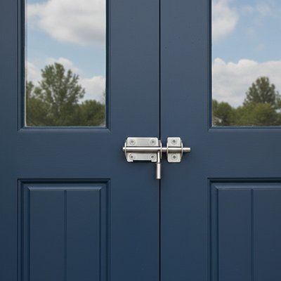 Loquet pour porte argent sur porte bleue double vitrage