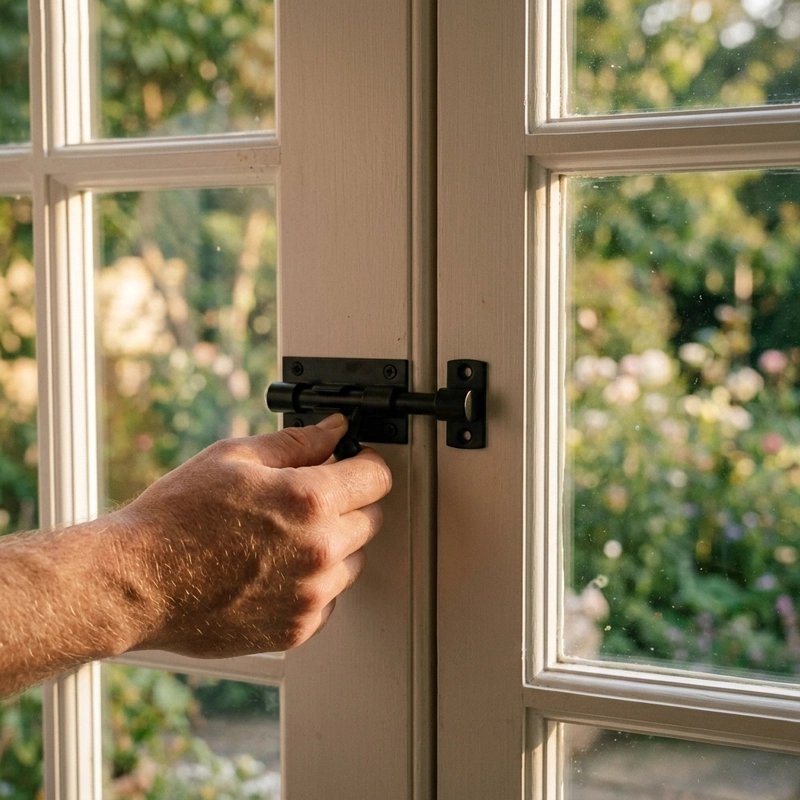 Main utilisant un loquet porte noir sur une porte-fenêtre blanche