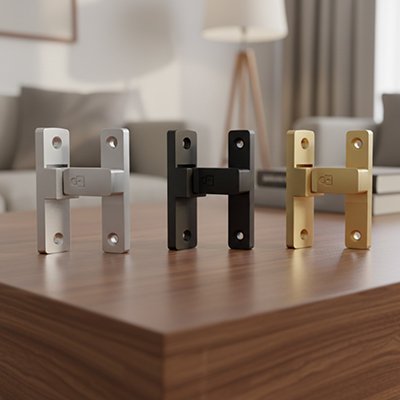 Loquet pour porte en argent, noir et or sur surface en bois
