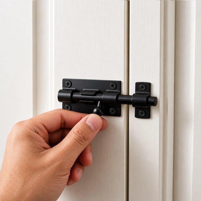 Main actionnant un loquet porte noir sur une porte blanche