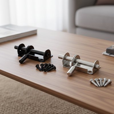 Loquet pour porte noir et argent avec vis sur table en bois