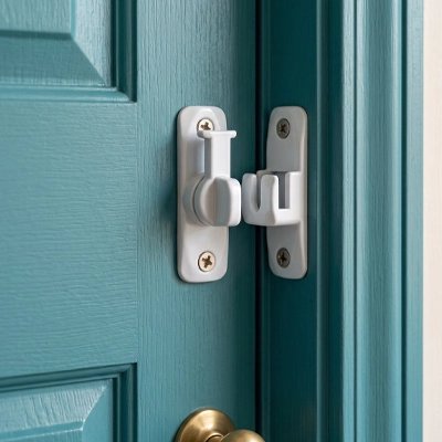 Loquet pour porte blanc installé sur porte turquoise
