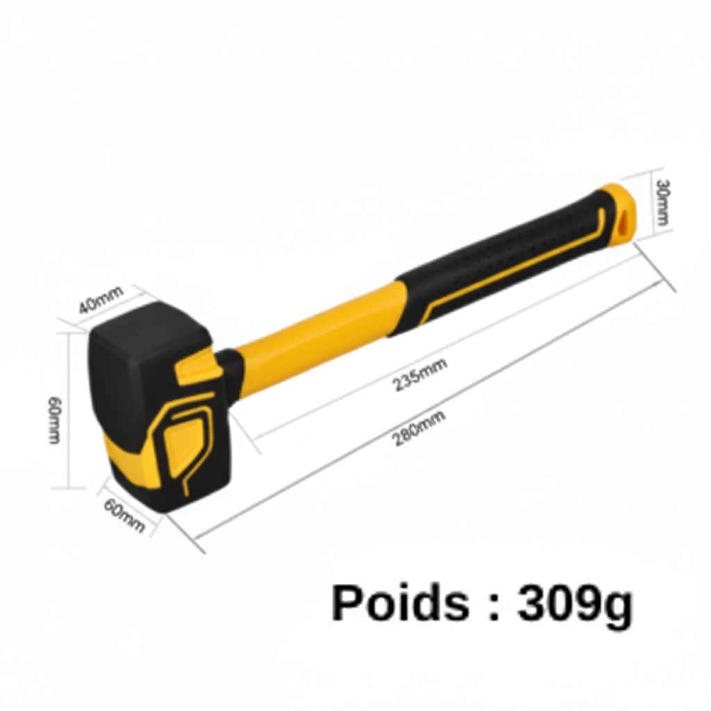 Marteau jaune et noir avec dimensions complètes - qualité professionnelle Poids 309g