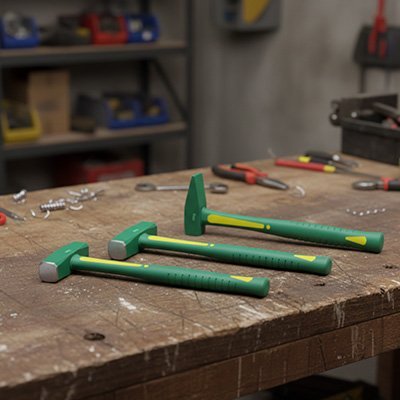 Set de marteaux d'établi ergonomiques à poignée antidérapante verte posés sur table de travail en atelier