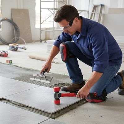 Marteau à double tête en action pour nivellement de carrelage professionnel