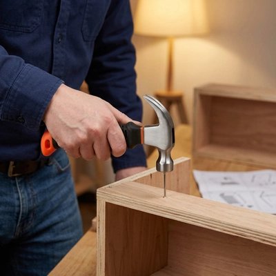 Homme assemblant meuble avec marteau griffe compact