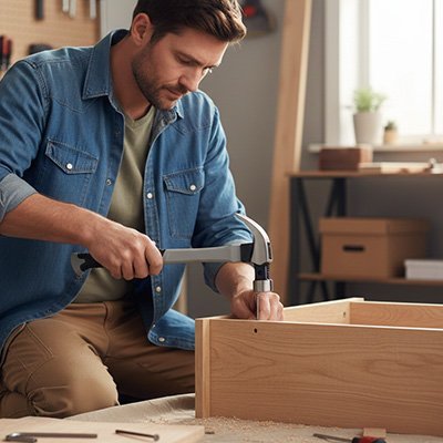  Bricoleur assemblant un meuble en bois avec marteau à griffes - Travaux de menuiserie précis