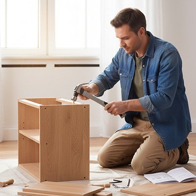  Menuisier utilisant marteau ergonomique pour assembler étagère en bois - Bricolage professionnel