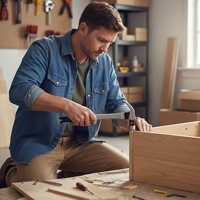  Artisan clouant un tiroir en bois avec marteau à griffes magnétiques - Construction de meuble