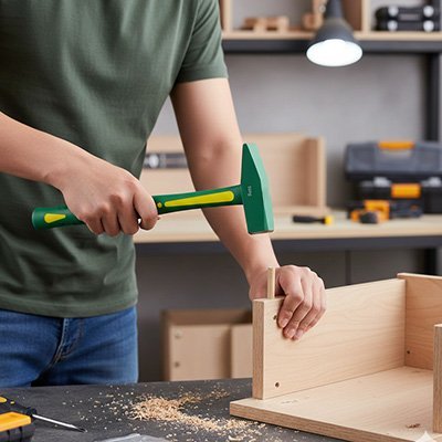 Artisan utilisant un marteau professionnel ergonomique vert et jaune pour assembler un meuble en bois