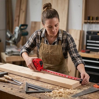Femme menuisière mesurant une planche avec mètre ruban