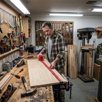 Homme mesurant une grande planche avec mètre ruban rouge