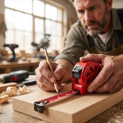 Menuisier utilisant un mètre ruban rouge sur bois