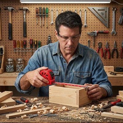 Artisan mesurant une boîte en bois avec mètre ruban