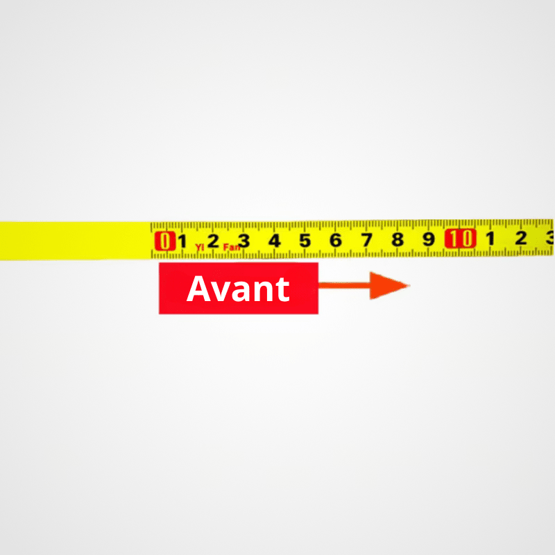 Mètre ruban adhésif jaune – lecture de gauche à droite (Avant)