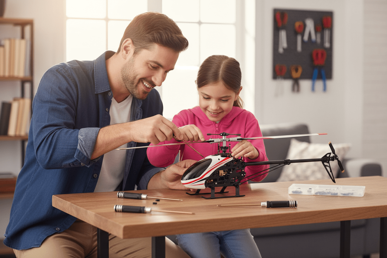 Père et fille réparant un hélicoptère RC avec tournevis hexagonaux