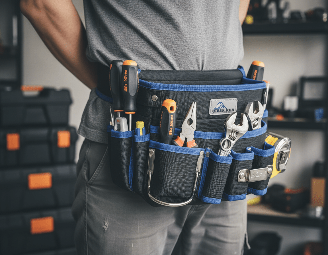 Personne portant le sac banane noir et bleu avec outils