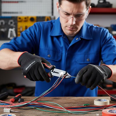 Pince à dénuder professionnelle utilisée par un électricien sur des câbles multicolores – Bricolage JP