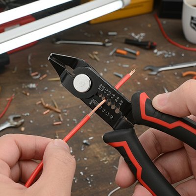 Gros plan pince à dénuder professionnelle avec graduations sur câble rouge – Bricolage JP