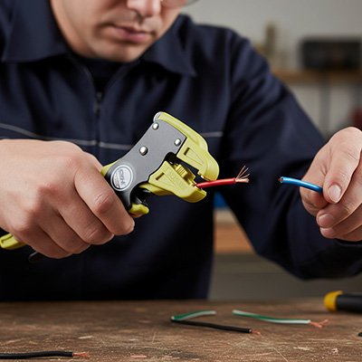 Électricien utilisant une pince à dénuder jaune pour préparer des fils multicolores