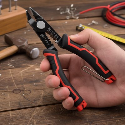 Pince à dénuder rouge et noire tenue en main sur fond d'atelier – Bricolage JP