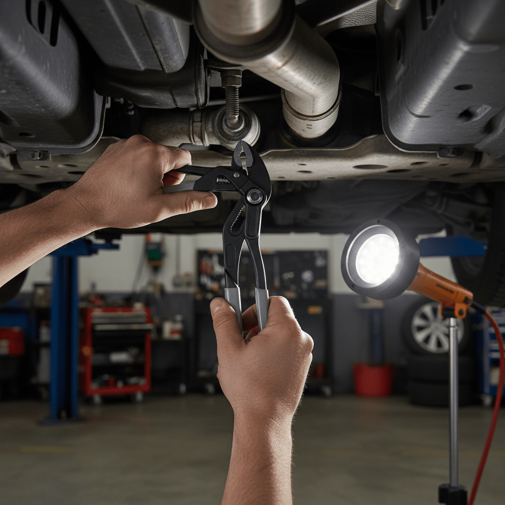 Mécanicien utilisant pince multiprise ajustable noire sous voiture dans garage automobile - outil polyvalent professionnel